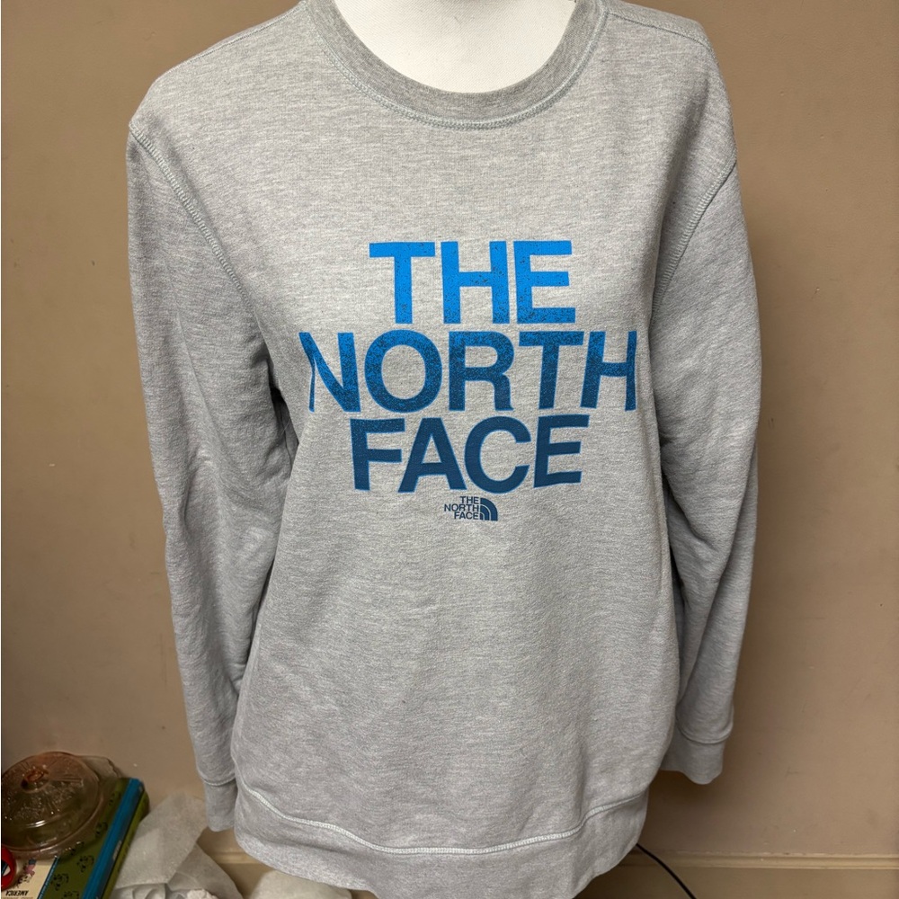 The North Face Light Gray Sweatshirt with Blue Logo